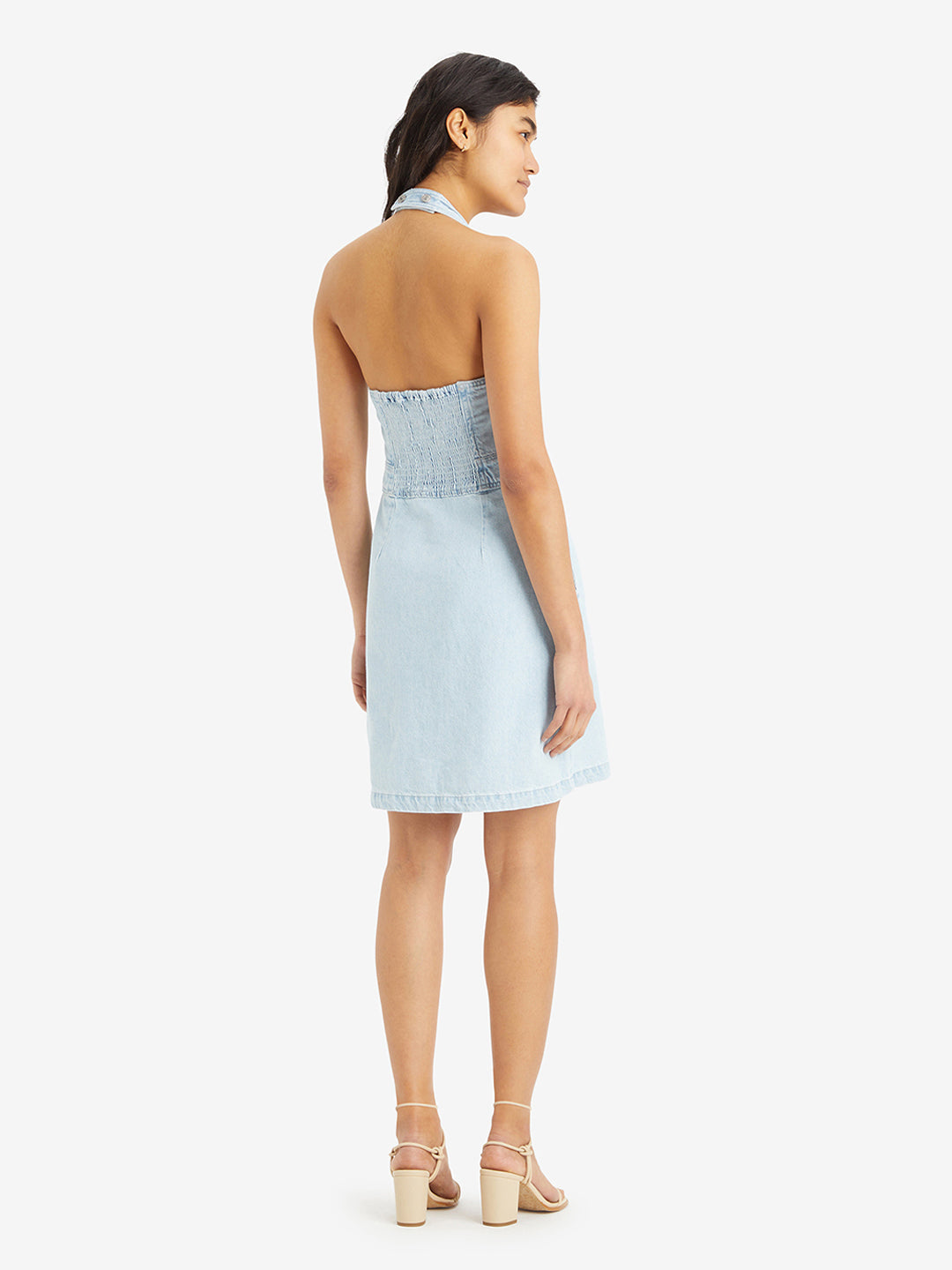 Women's Solid Light Blue Crew Neck Denim Dress - 1 View