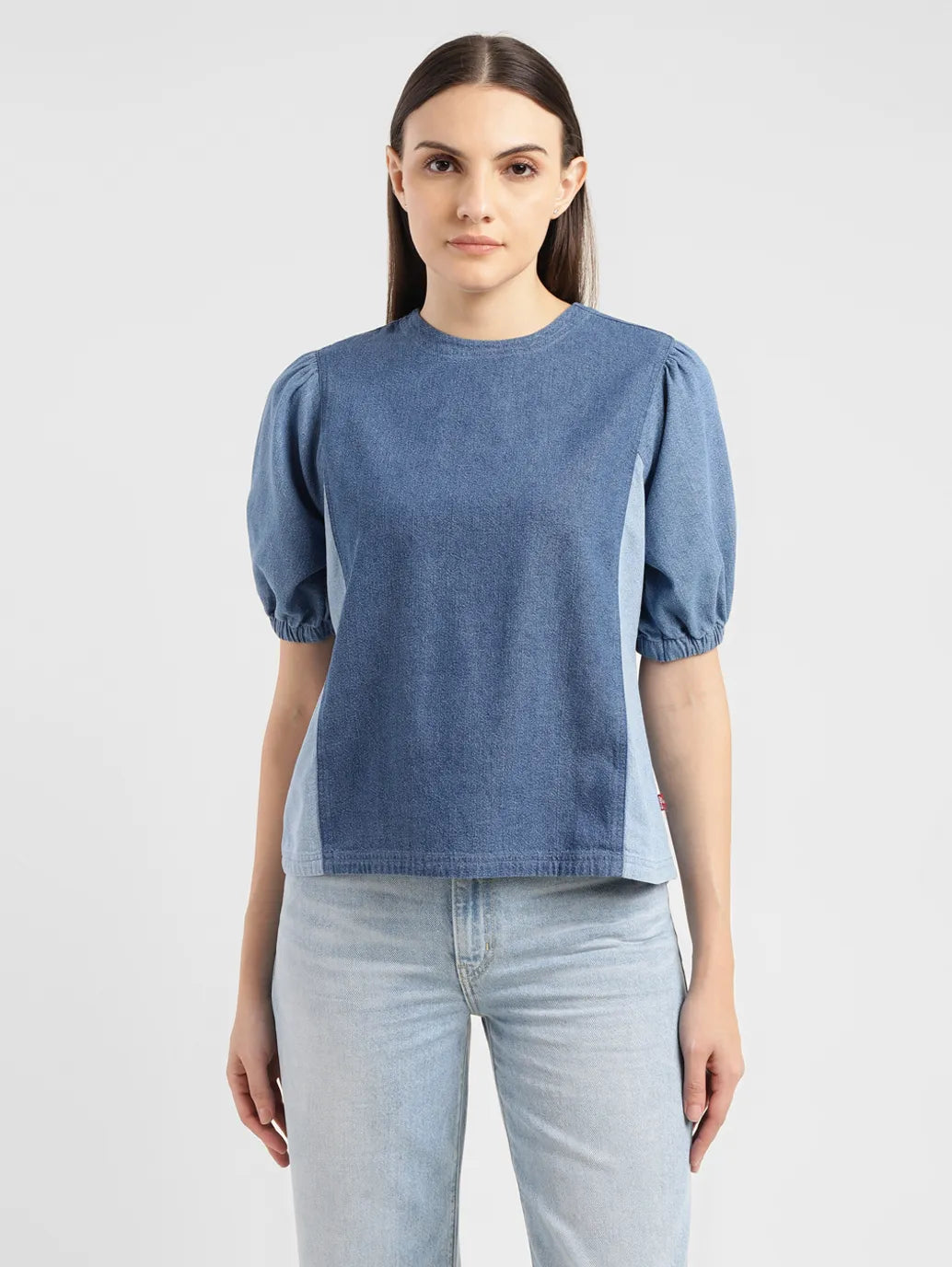 Women's Colorblock Indigo Round Neck Denim Top - e281b764-f64c-4864-b1c6-70ba76cc457f View