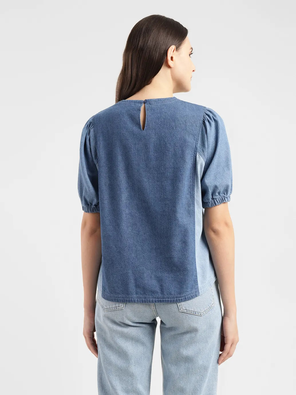 Women's Colorblock Indigo Round Neck Denim Top - e704a1d2-067d-44a7-a17a-26343a966255 View