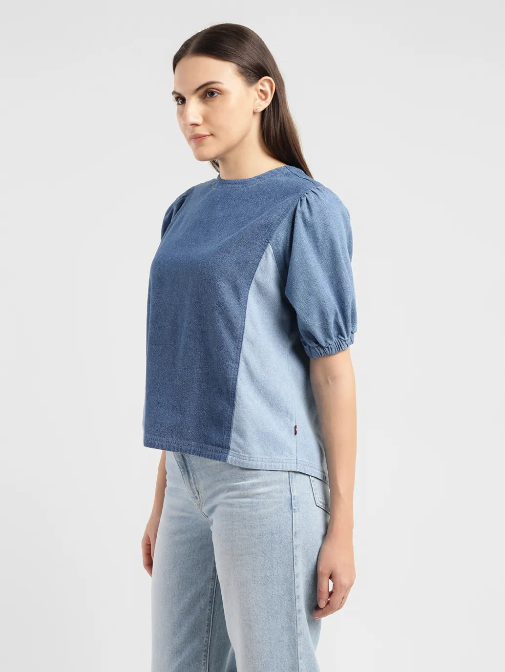 Women's Colorblock Indigo Round Neck Denim Top - d5bd5057-e511-435c-a4e8-d15bc8a7ed8e View