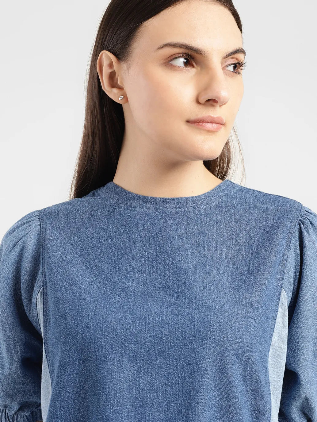 Women's Colorblock Indigo Round Neck Denim Top - 15e3dec6-e332-4c05-b5aa-cd82876c26a8 View