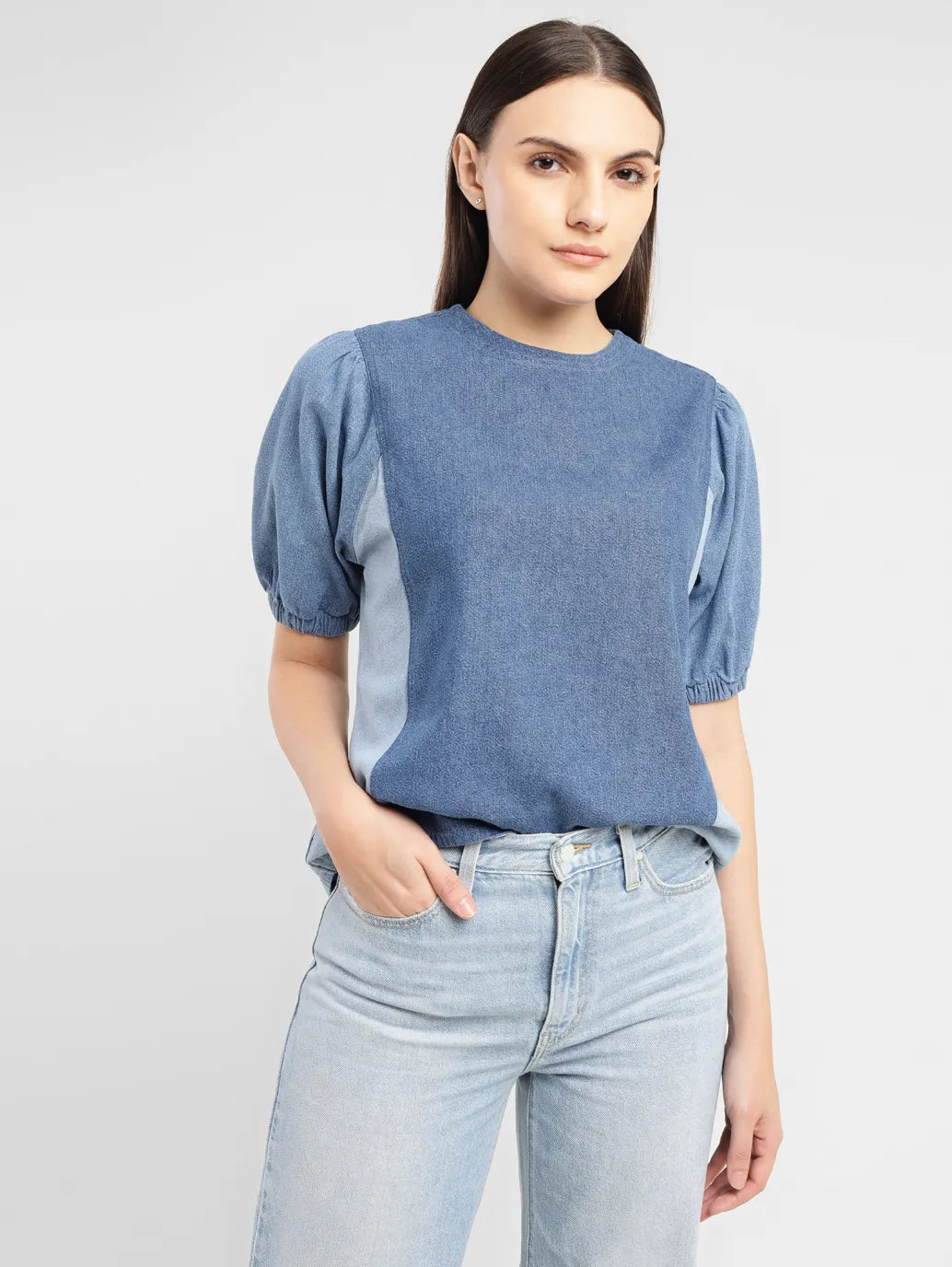 Women's Colorblock Indigo Round Neck Denim Top - 2d7091eb-4d45-4815-b45c-8d85c9b1f30e View