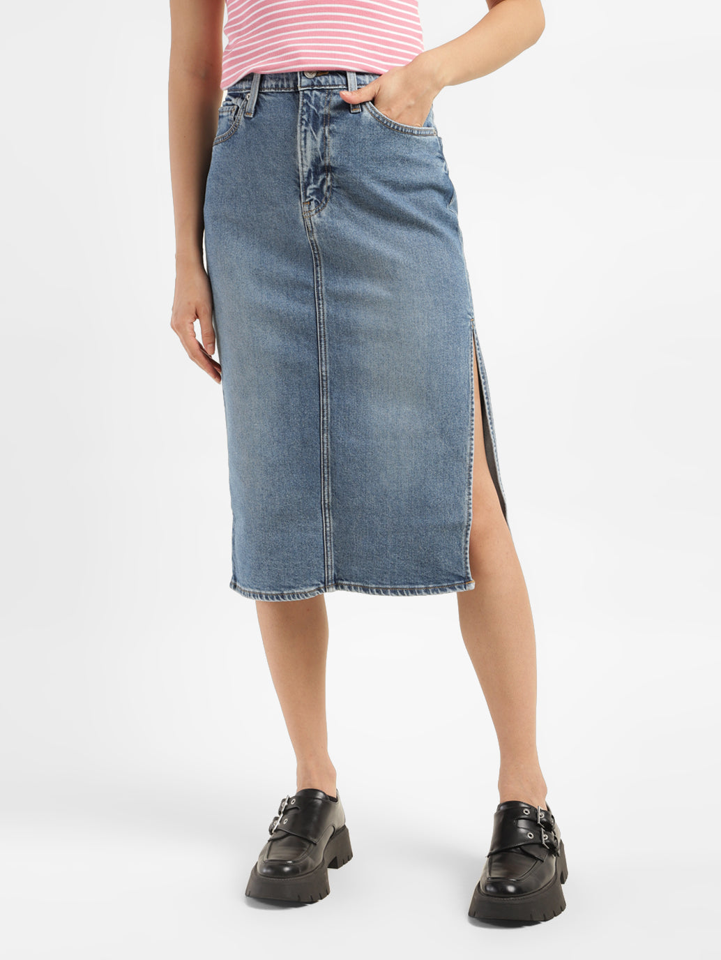 Women's Mid Rise Blue Solid Skirt - faf447ef-aa53-4466-95f0-61302c366a19 View