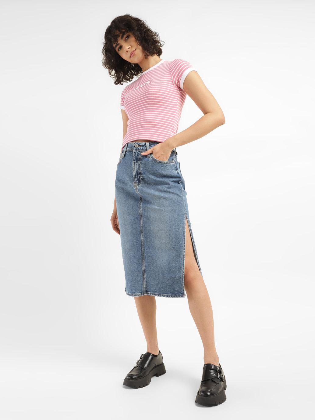 Women's Mid Rise Blue Solid Skirt - StyleShot View