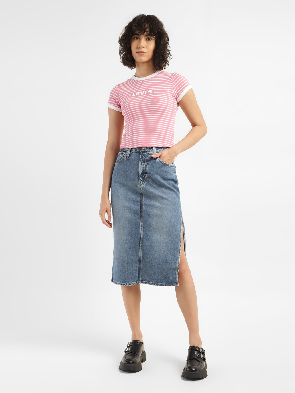Women's Mid Rise Blue Solid Skirt - ModelFront View