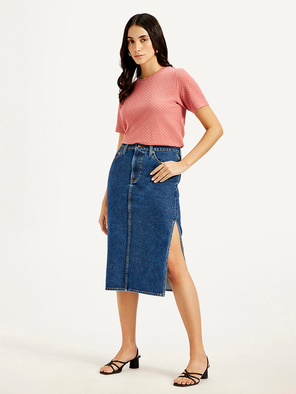 Women's High Rise Blue Straight Fit Skirt - Styleshot View