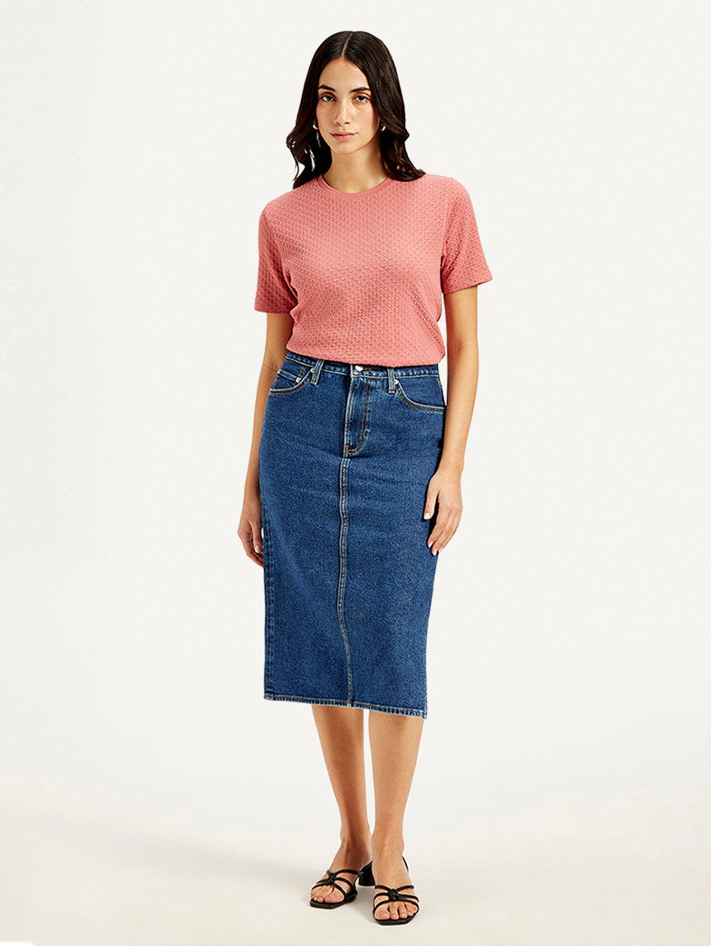 Women's High Rise Blue Straight Fit Skirt - Front View