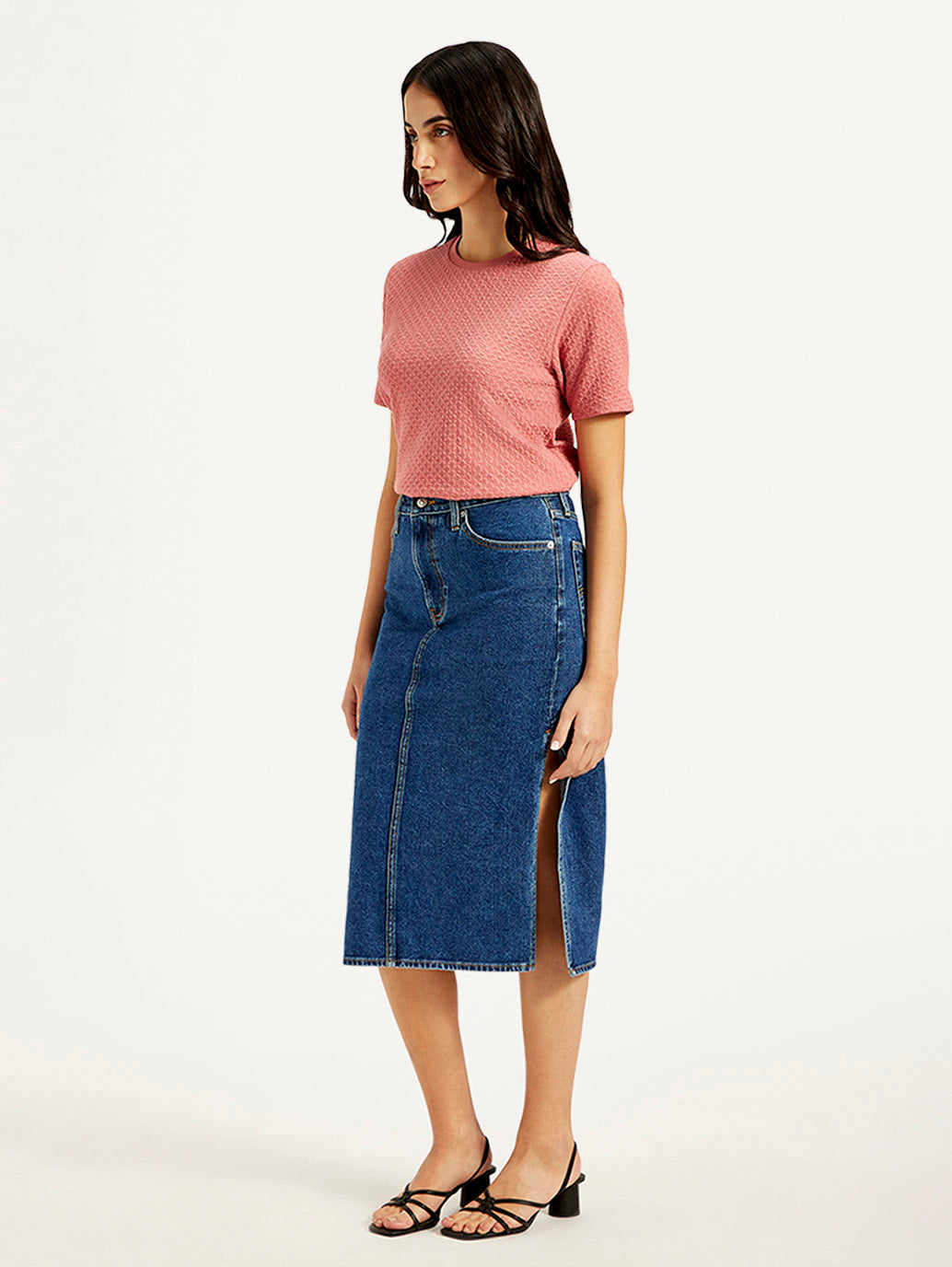 Women's High Rise Blue Straight Fit Skirt - Side View
