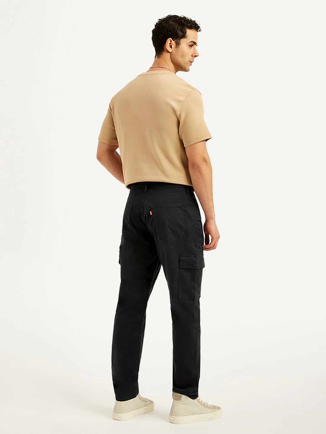 Men's Black Straight Fit Cargo Trousers - Back View
