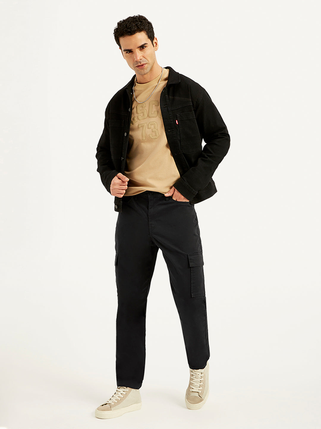 Men's Black Straight Fit Cargo Trousers - Styleshot View