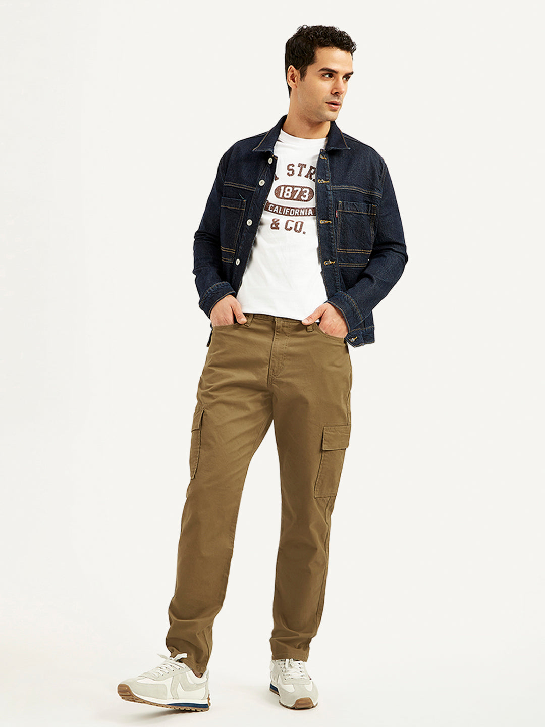 Men's Khaki Straight Fit Cargo Trousers - Styleshot View
