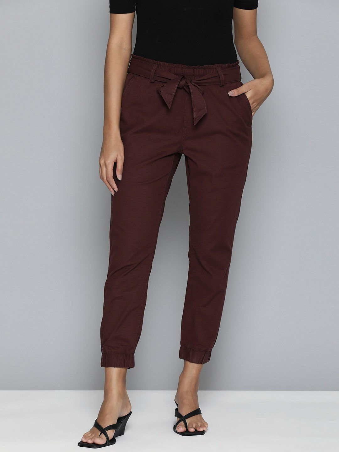 Women's Mid Rise Maroon Baggy Fit Trousers - 1 View