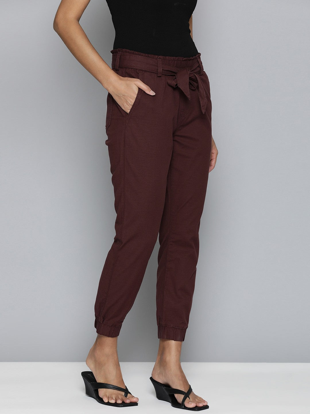 Women's Mid Rise Maroon Baggy Fit Trousers - 2 View