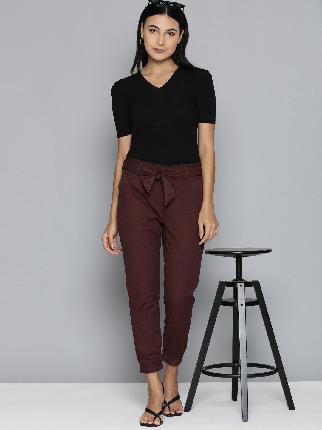 Women's Mid Rise Maroon Baggy Fit Trousers - 4 View
