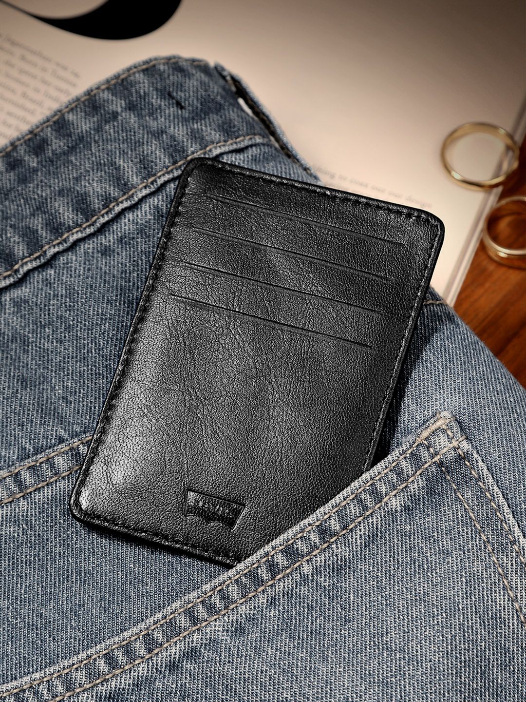 Men's Black Solid Card Holder - b241420b-dcb9-4932-8388-9a44c704b0dd1744177977657-Levis-Men-Textured-Leather-Card-Holder-4451744177977132-1 View