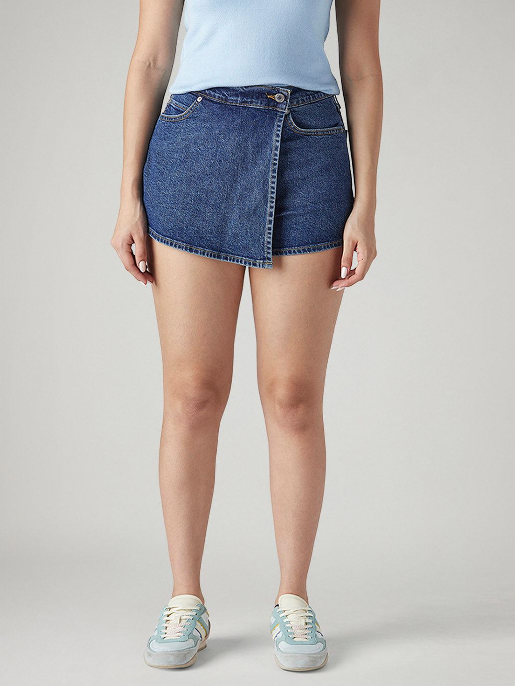 Women's Mid Rise Blue Regular Fit Skorts - Front View