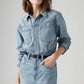 Women's Solid Blue Spread Collar Denim Dress - Styleshot View