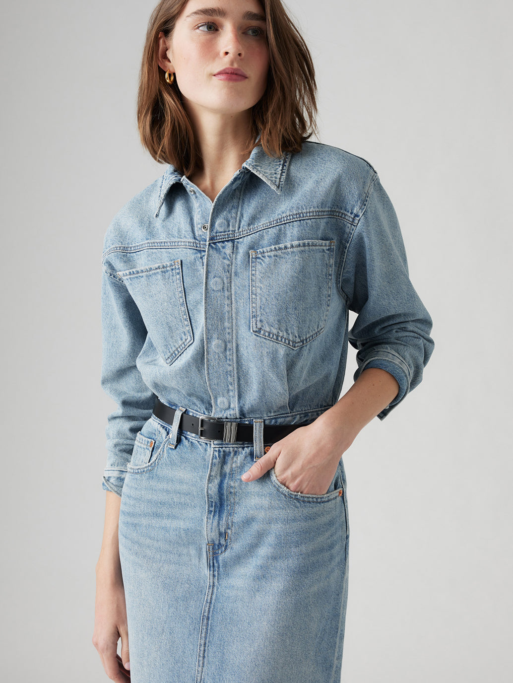 Women's Solid Blue Spread Collar Denim Dress - Styleshot View