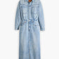 Women's Solid Blue Spread Collar Denim Dress - Flatlay View
