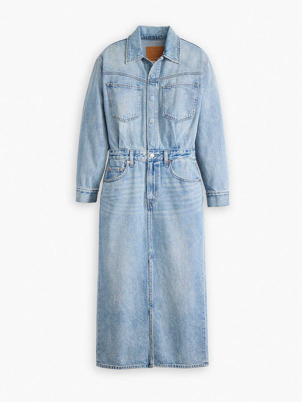 Women's Solid Blue Spread Collar Denim Dress - Flatlay View