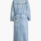 Women's Solid Blue Spread Collar Denim Dress - Flatlay View