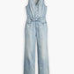 Women's Solid Blue V Neck Jumpsuit - Flatlay View