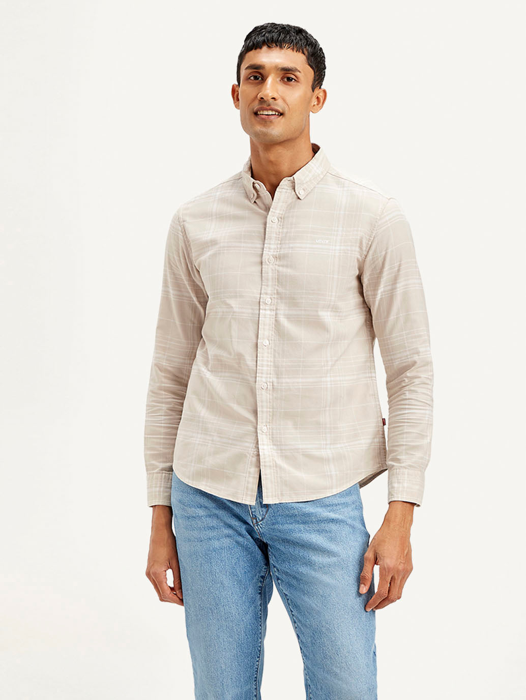 Men's Checkered Slim Fit Oxford Shirt - Front View