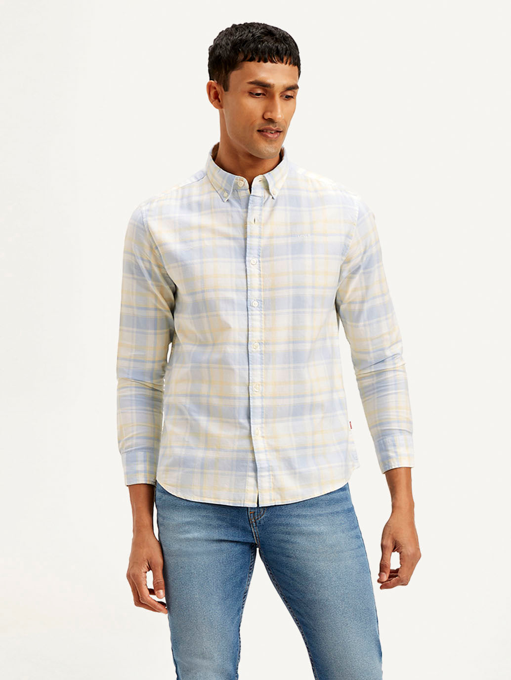 Men's Checkered Slim Fit Oxford Shirt - Front View