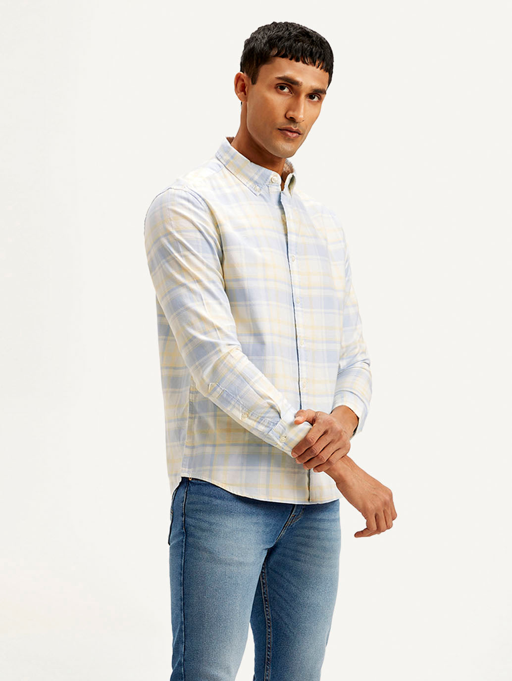 Men's Checkered Slim Fit Oxford Shirt - Side View