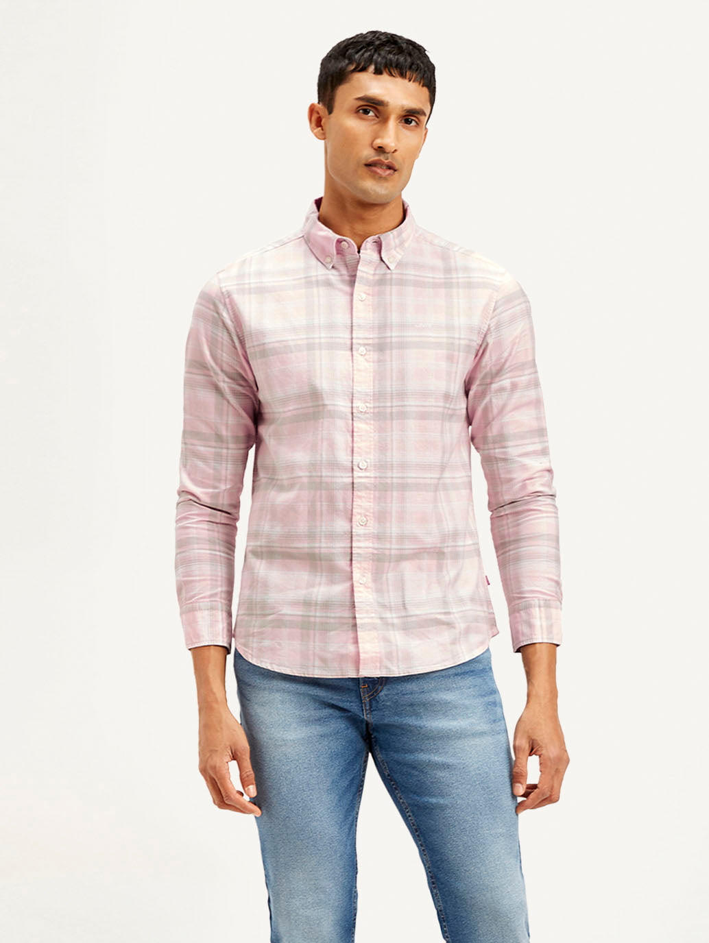 Men's Checkered Slim Fit Oxford Shirt - Front View