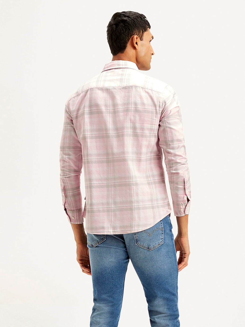 Men's Checkered Slim Fit Oxford Shirt - Back View