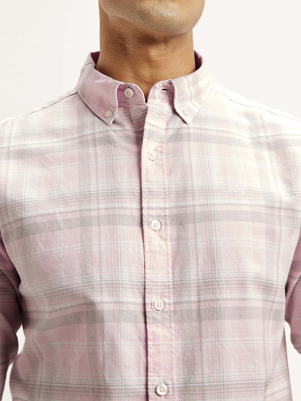 Men's Checkered Slim Fit Oxford Shirt - Detail View