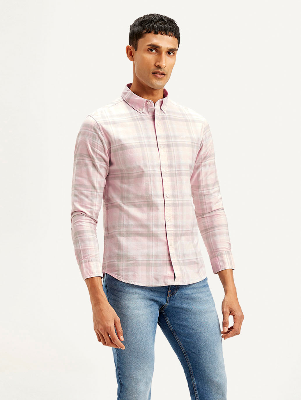 Men's Checkered Slim Fit Oxford Shirt - Side View