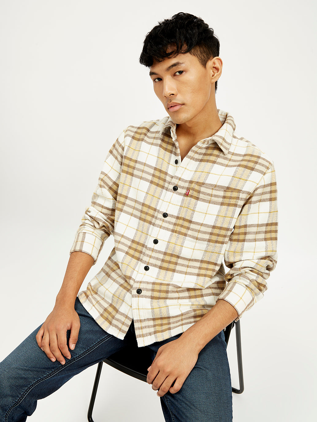 Men's Plaid Cream Relaxed Fit Jacket