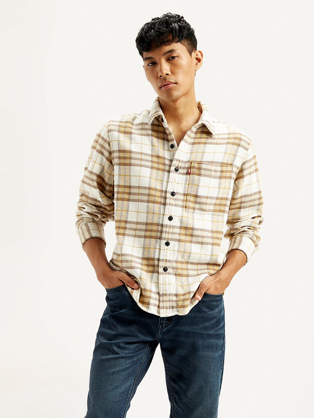 Men's Plaid Cream Relaxed Fit Jacket - 1 View