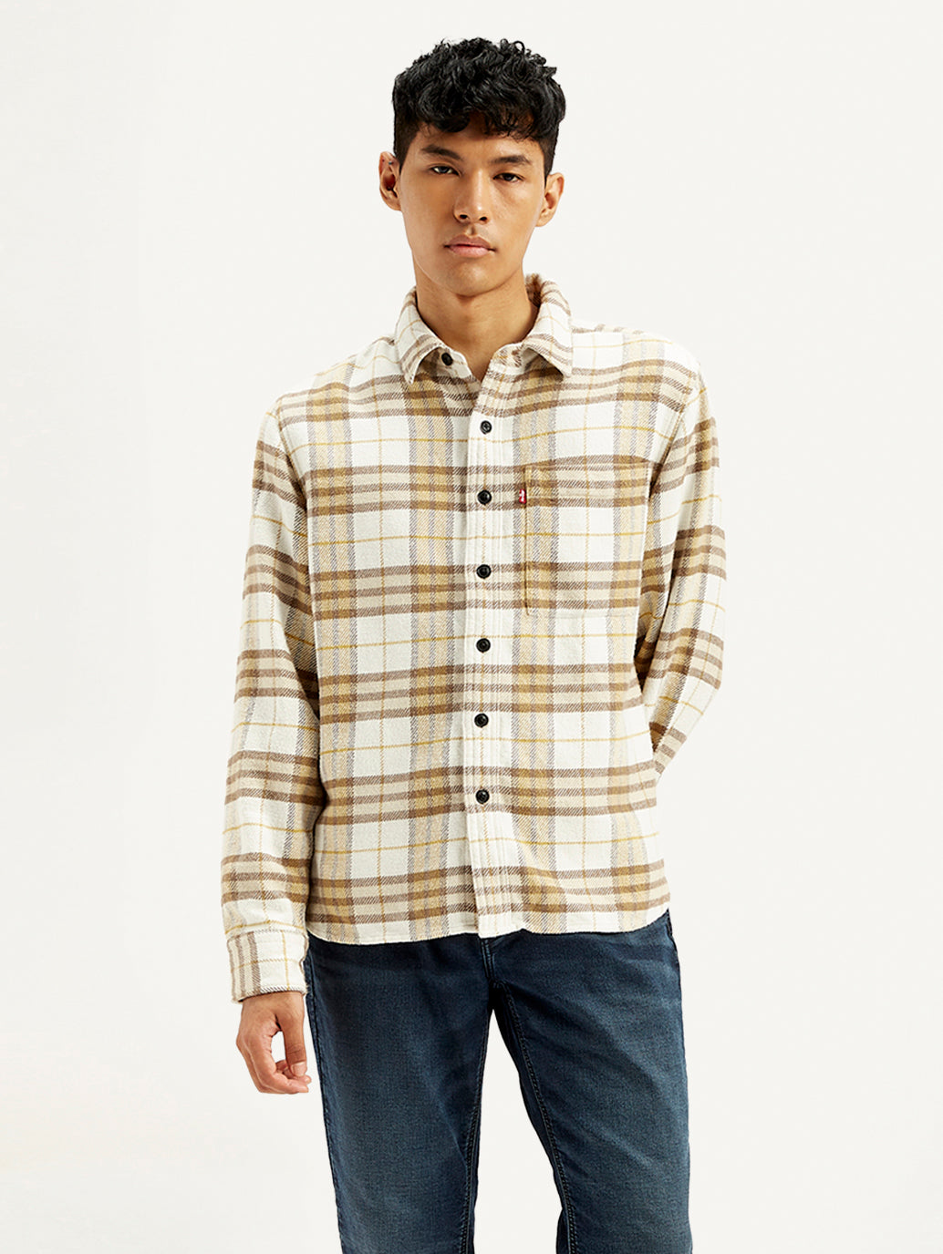 Men's Plaid Cream Relaxed Fit Jacket - Front View