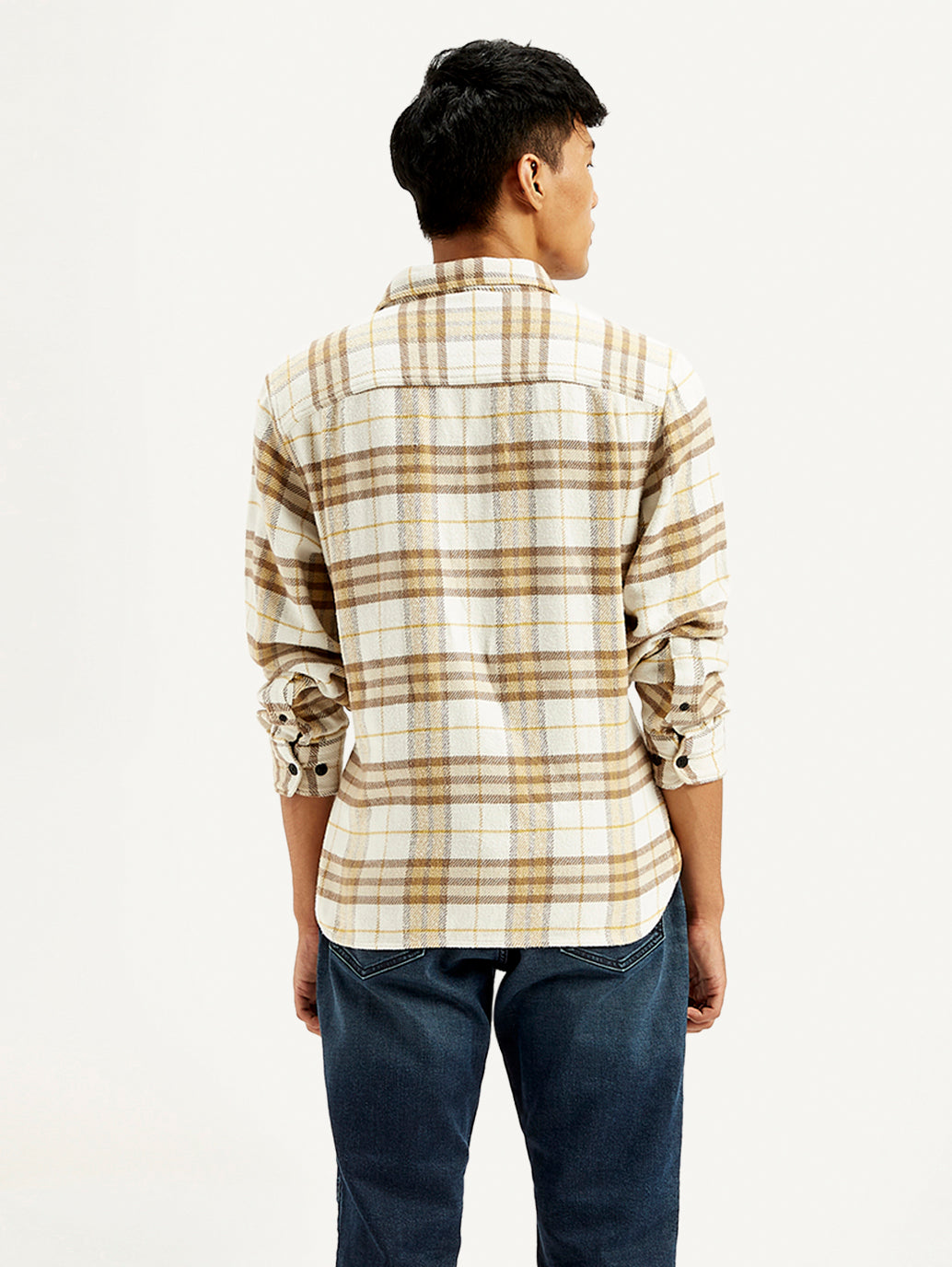 Men's Plaid Cream Relaxed Fit Jacket - Back View