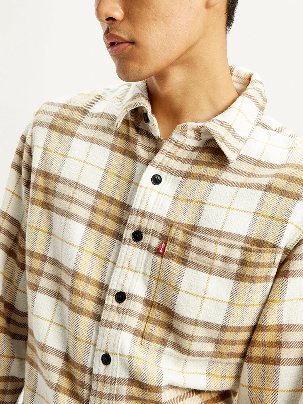 Men's Plaid Cream Relaxed Fit Jacket - Detail View