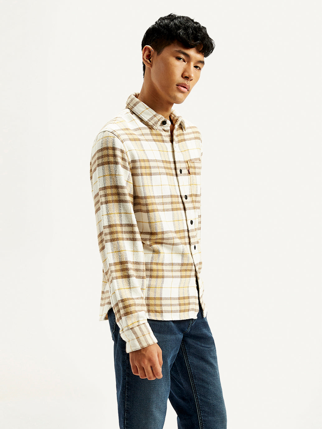Men's Plaid Cream Relaxed Fit Jacket - Side View