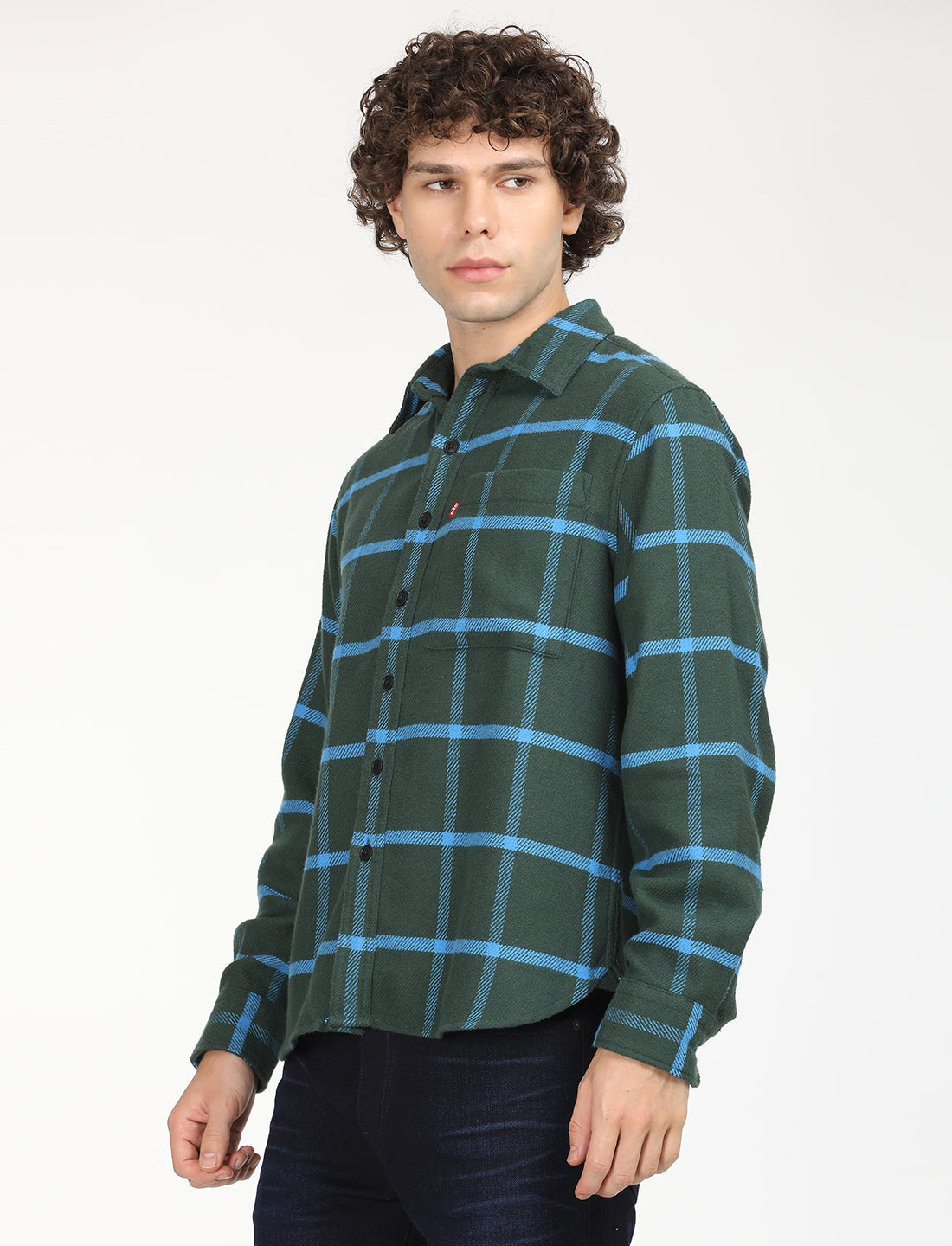 Men's Checkered Dark Green Spread Collar Shacket - RightSide View