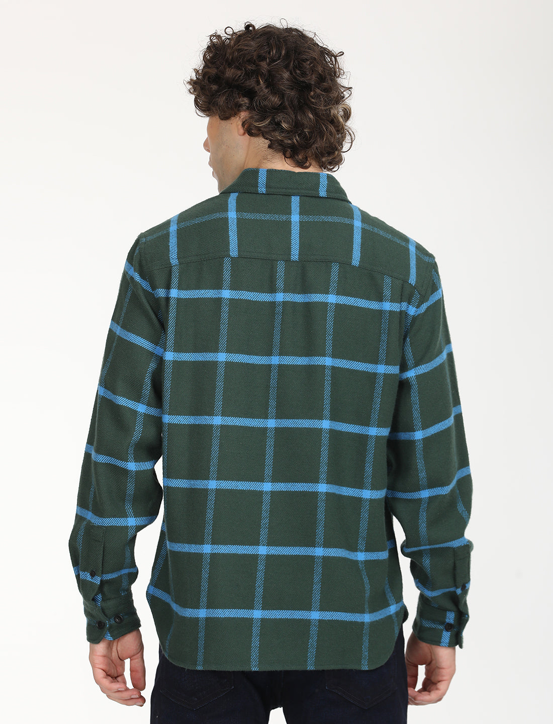 Men's Checkered Dark Green Spread Collar Shacket - Back View