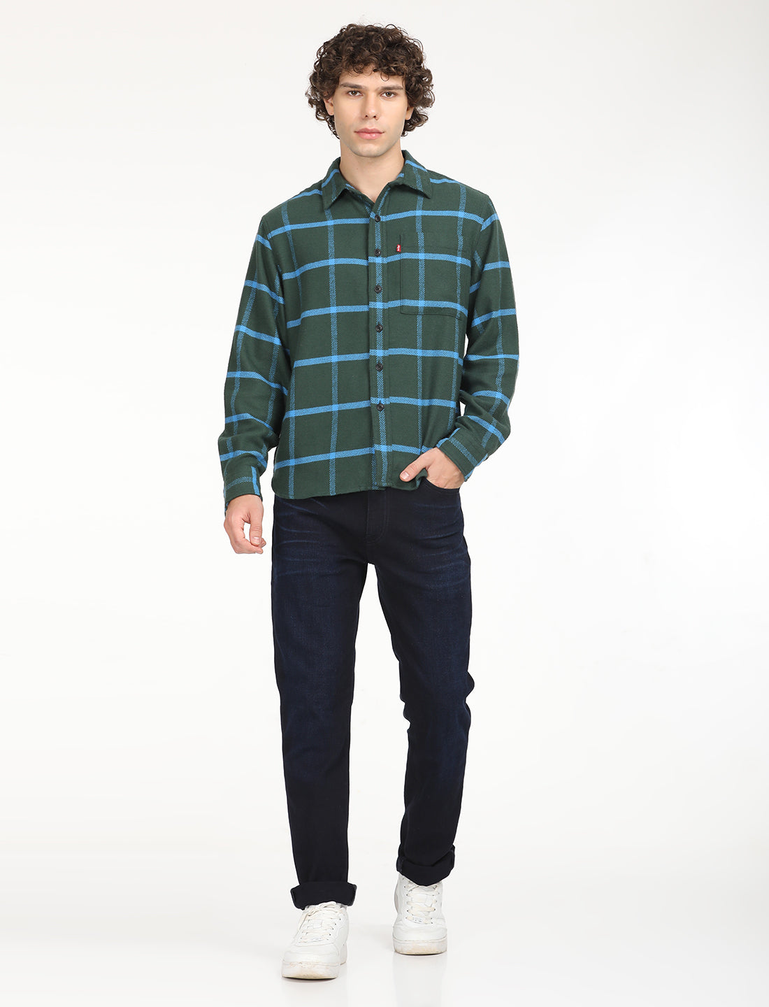 Men's Checkered Dark Green Spread Collar Shacket - 6 View