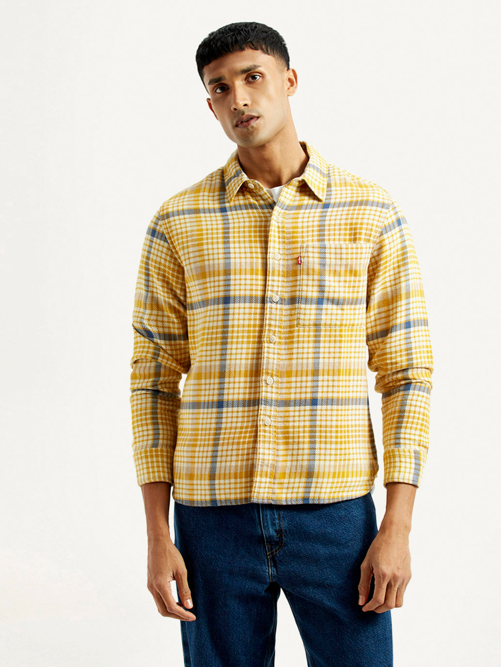 Men's Checkered Yellow Relaxed Fit Shirt - Front View