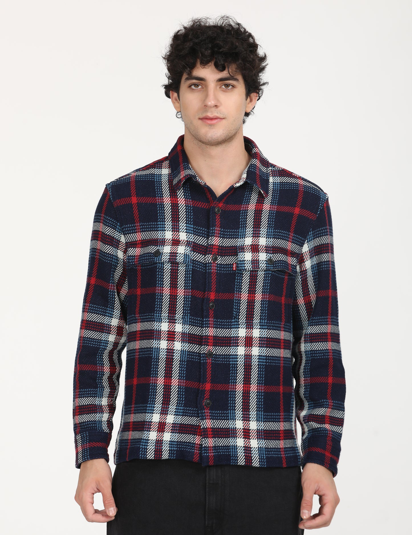 Men's Plaid Navy Spread Collar Shacket - Front View
