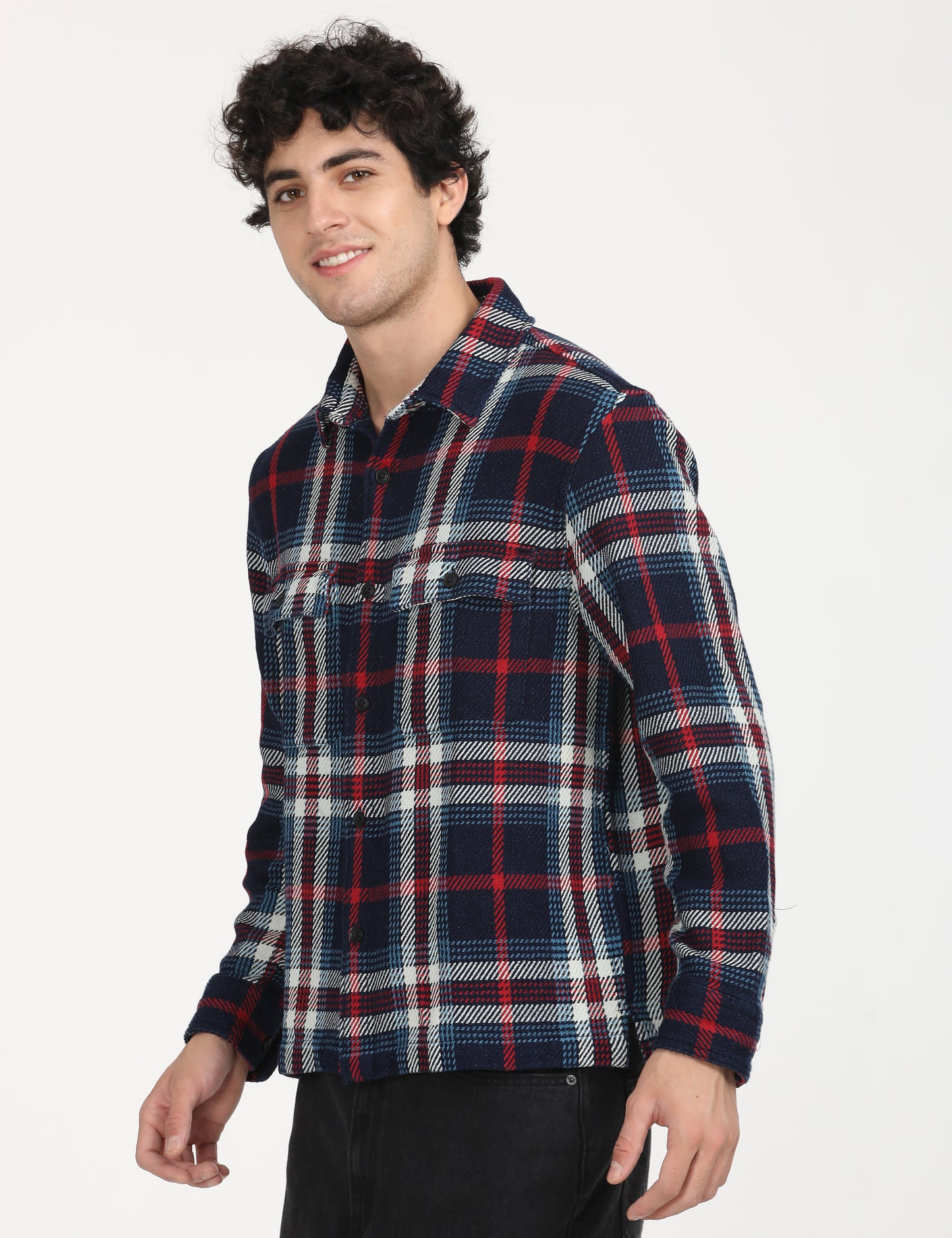 Men's Plaid Navy Spread Collar Shacket - RightSide View