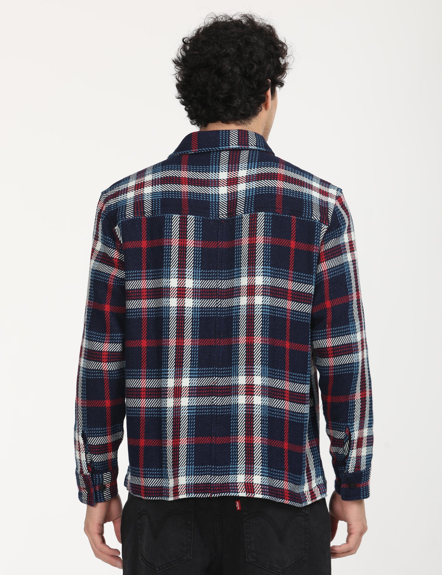 Men's Plaid Navy Spread Collar Shacket - Back View