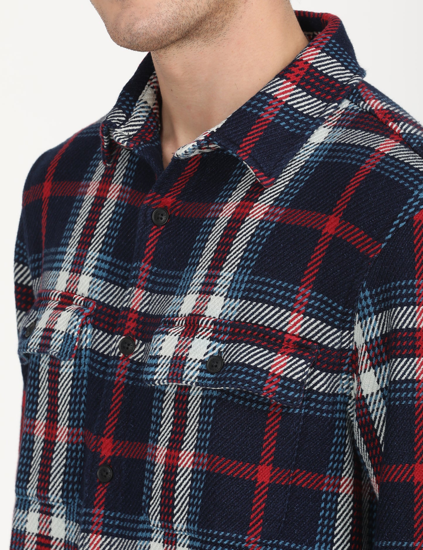 Men's Plaid Navy Spread Collar Shacket - deatil View