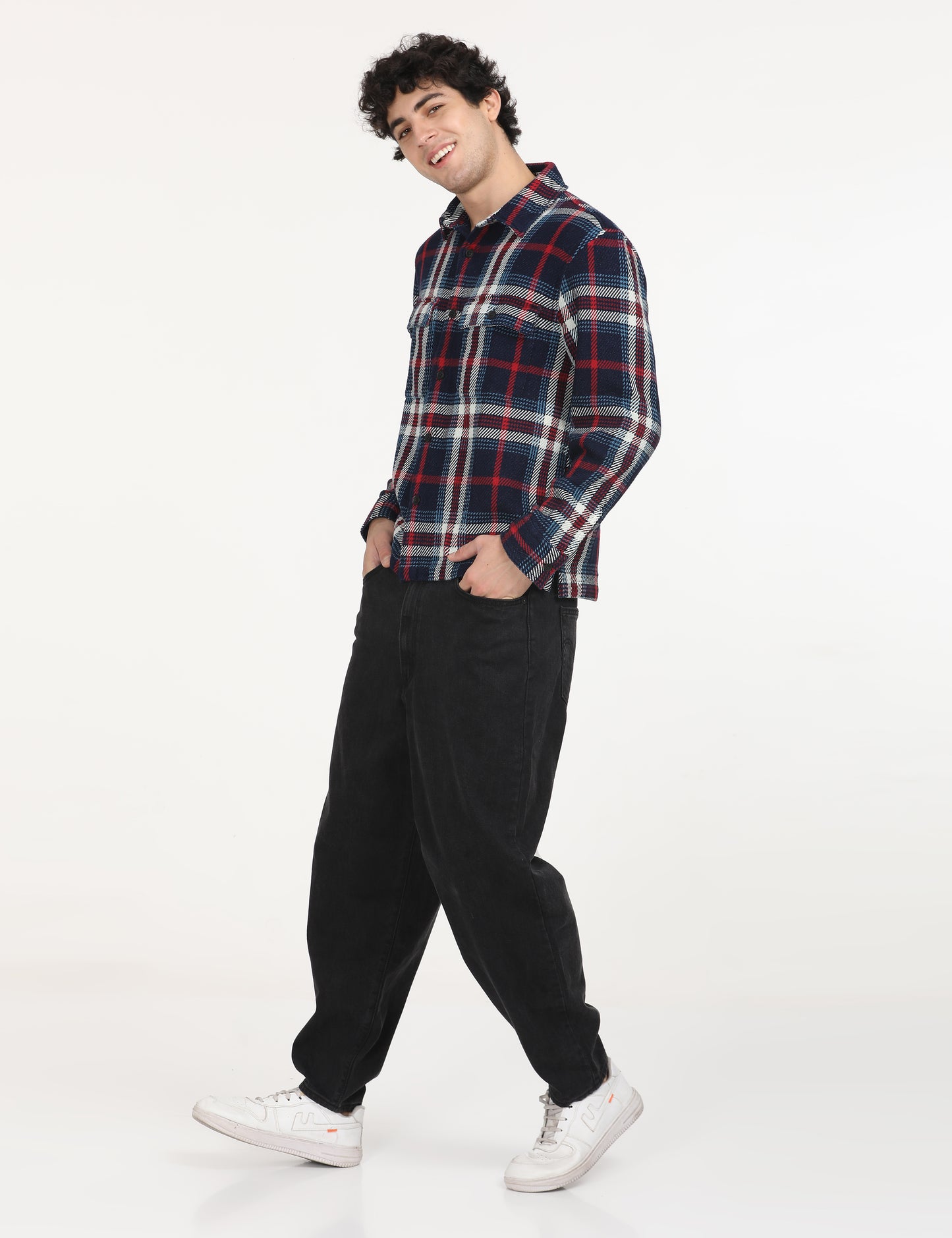 Men's Plaid Navy Spread Collar Shacket - lifestyle View