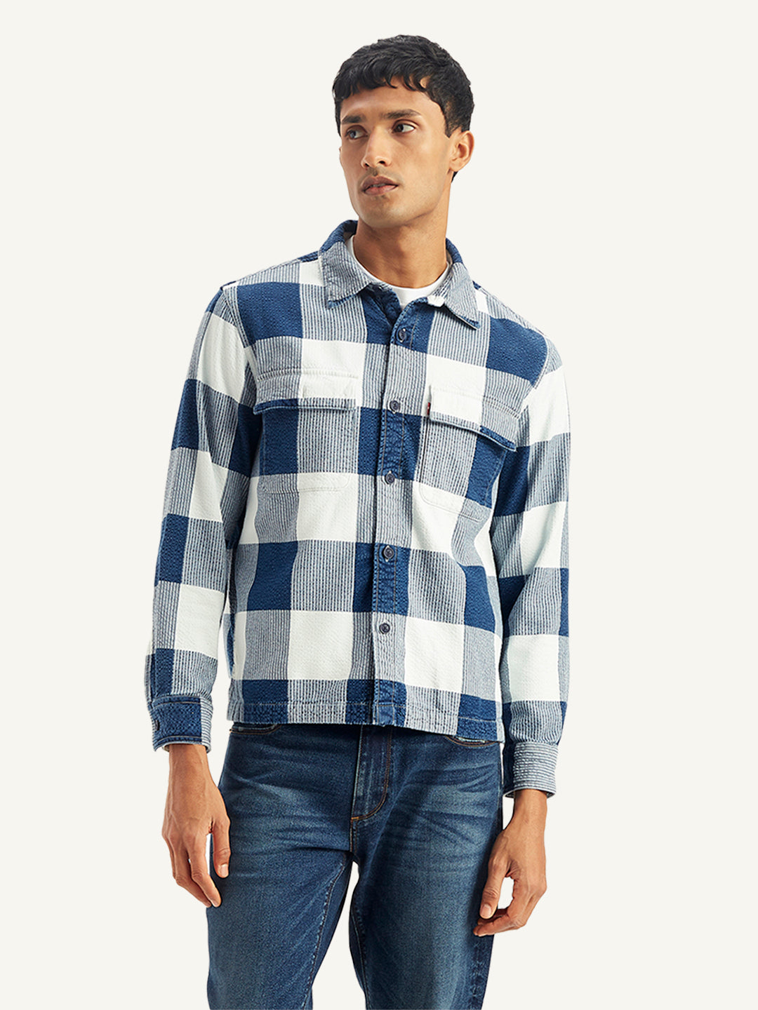 Men's Checkered White Spread Collar Shacket - Front View