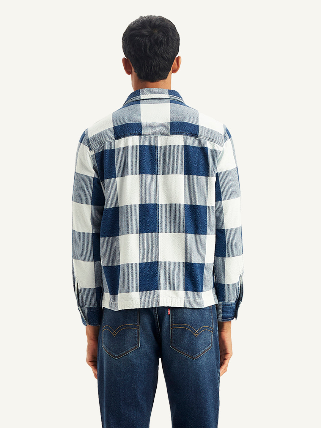 Men's Checkered White Spread Collar Shacket - Back View